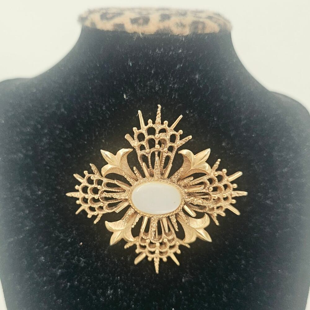 Vintage Mother of Pearl Accent Brutalist Cross Brooch Pin Large Layered Maltese